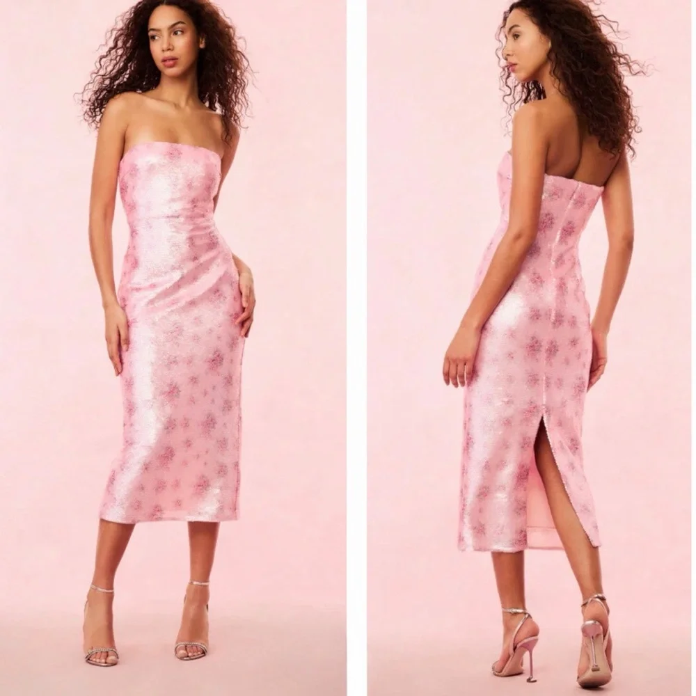 LoveShackFancy Stasia Sequin Floral Strapless Pink Cocktail Midi Dress NEW - Picture 2 of 15